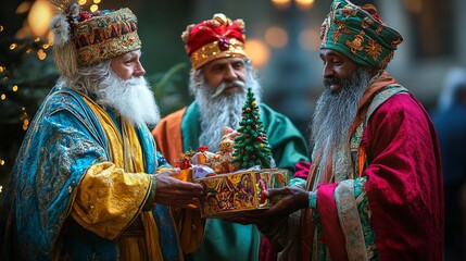 Three wise men dressed in colorful clothes bring gifts to a person. One of them holds a decorated box with a tree figure.