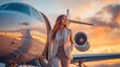 © Premium_art - Businesswoman walking next to private jet at sunset. Elegant and professional travel lifestyle.