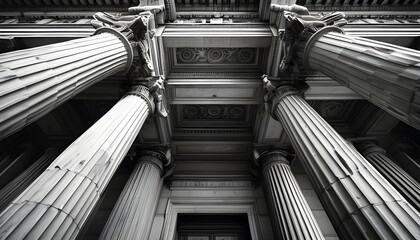 Timeless Elegance of Grand Columns in Monochrome Capture of Historical Architecture with Symmetric Patterns and Detailed Classical Design