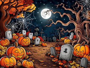 Halloween concept Group of scary jack o lanterns in a mysterious deserted cemetery or grave on a full moon night , Colorful cartoon drawing style , AI generative