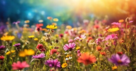 Wall Mural - Colorful flower meadow with sunbeams and bokeh lights in summer - nature background banner with copy space - summer greeting card wildflowers spring concept 