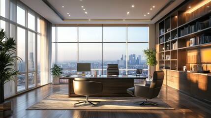 Wall Mural - Modern Office with City Skyline View