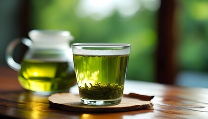 Tranquil Portrait of a Journalist Enjoying Green Tea, Emphasizing Natural Beauty and Peaceful Vibes in a Relaxed Daytime Setting