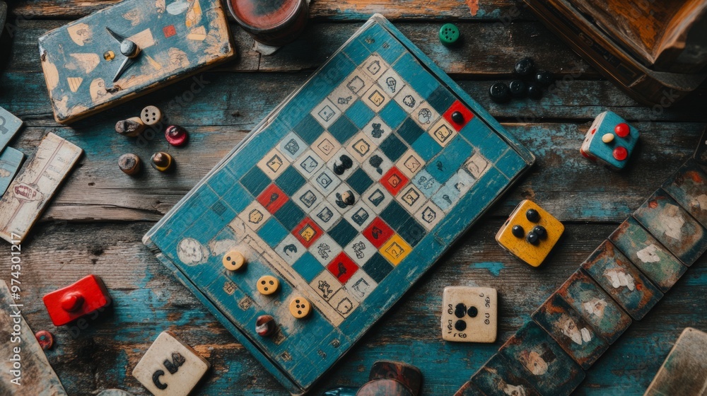 A vintage board game spread out on a rustic table, capturing the ...