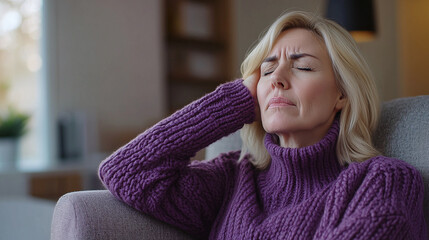 A middle-aged blonde woman in a purple sweater feels neck pain indoors at home