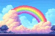© ST22Studio - Pixelated rainbow stretching over a minimalist sky and ground, offering copy space, positioned in a vibrant retro game landscape, illustrated in a dynamic, blend mode style.