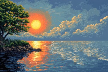 Wall Mural - Tranquil Pixelated Day: Ethereal 16-Bit Scene with Sun and Minimal Clouds Providing Copy Space in Peaceful Game World