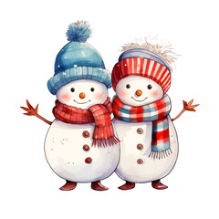 Sticker design of cute twin snowmen with hats and scarves, smiling together in a cheerful winter holiday illustration scene, transparant png