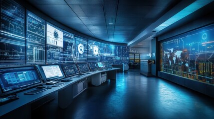 Futuristic Control Room with Advanced Technology and Data Visualization