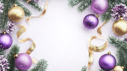 Festive holiday decorations with purple ornaments, golden ribbons, pine branches, and snowy background for seasonal celebrations