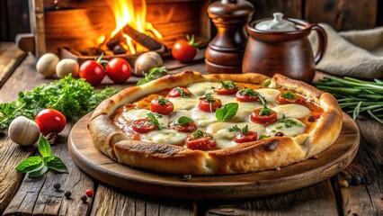 A warm and inviting scene featuring a delicious-looking pie with melted mozzarella and savory toppings on a rustic wooden table in a cozy atmosphere.