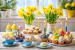© Sandra - Colorful Swedish Easter table setting with decorated eggs, daffodils, and traditional treats likeSemantic, and Swedish flags, surrounded by pastel-colored candles and spring flowers.