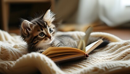 Curious Kitten Delving into a Book on a Cozy Blanket During a Lazy Afternoon