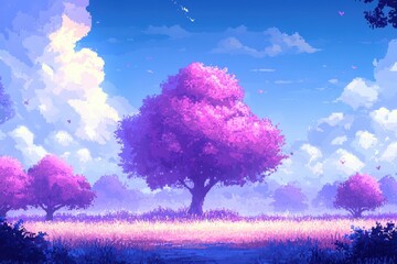 Wall Mural - Ethereal Fusion of 8-Bit Pixelated Forest with Wildlife - Peaceful Retro Landscape with Copy Space for Designers and Gamers