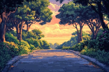 Wall Mural - Retro Pixel Road in Enchanted Forest - Tranquil Game World with Copy Space for Message, Whimsical Overlay Effect