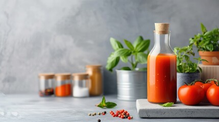 A sleek glass bottle of hot sauce on a modern kitchen countertop.