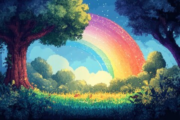 Wall Mural - Enchanted Pixelated Wilderness: Surreal Double Exposure Forest with Wildlife and Rainbow in Tranquil 16-Bit Game Landscape