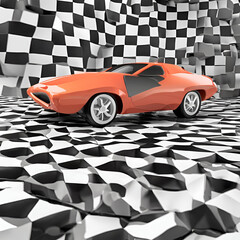 Wall Mural - A vintage-style orange car is parked on a checkered floor with a distorted, 3D effect.