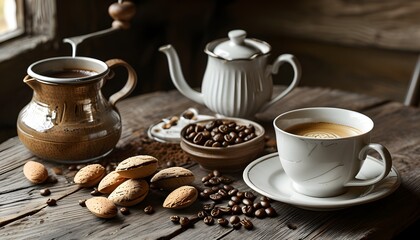 Wall Mural - Cozy Breakfast Aesthetic of Morning Coffee and Almond Chocolate on Rustic Wooden Table in Black and White Photography