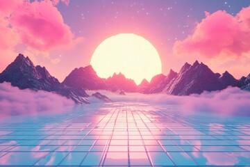 Wall Mural - Serene Retro Landscape with Pixelated Sun and Minimal Textures, Surreal Composite Finish for Copy Space Design