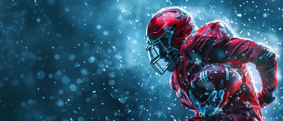 A football player is running through a snowstorm