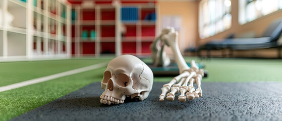 A skeleton is on a mat next to a leg bone