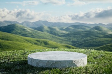 Wall Mural - Abstract 3d render platform and mockup natural background, Stone podium on the grass field backdrop meadow mountain for product stand display, advertising or etc , ai