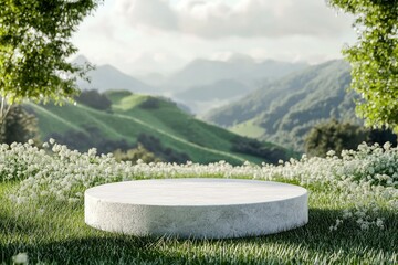 Wall Mural - Abstract 3d render platform and mockup natural background, Stone podium on the grass field backdrop meadow mountain for product stand display, advertising or etc , ai