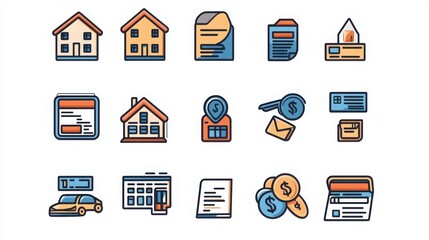 Wall Mural - Loans and Credit thin line icon set. Containing loan application, mortgage, home loan, car loan, personal loan, credit score, interest rate, loan repayment, credit report, credit approval