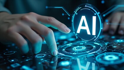 Future Business: Human and Robot AI Hologram Interaction on Dark Blue Background