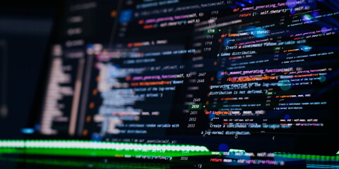 Wall Mural - coding script text on screen. notebook closeup photo. running computer data programming.
