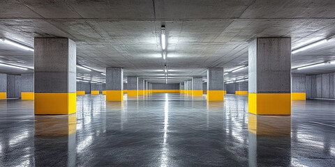 Front view of a new empty underground parking lot with concrete columns, shiny asphalt and no one inside