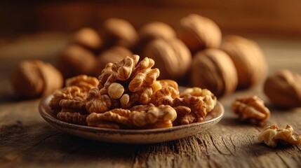 Wall Mural - Close-up of Walnuts on a Rustic Wooden Surface