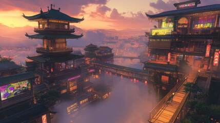 Canvas Print - Asian Cityscape Sunset.