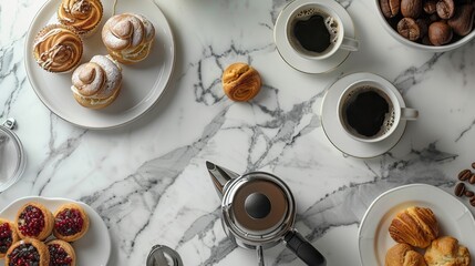 Overhead view of a coffee and pastry spread on a marble table, perfect for a cozy breakfast or afternoon treat.