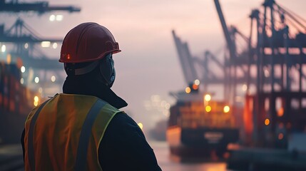 Dockyard Worker Overlooking Cargo Cranes at Dusk