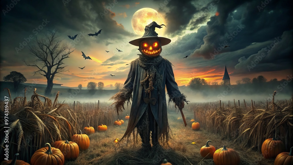 Halloween Scarecrow Art With Dark Mysterious Mood And Eerie Style Halloween Scarecrow Art With Dark Mysterious Mood And Eerie Style