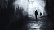 © Mary Salen - Abstract single person silhouette in black and white noir street scene watercolor charcoal light shadows negative space copy space mental health illness depression out of darkness loneliness concepts