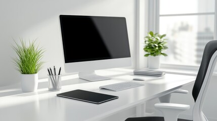 Canvas Print - Modern Office Workspace with White Desk and Computer