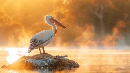 Graceful white pelican standing on a rock at sunrise, surrounded by mist. A peaceful and serene nature scene captured beautifully.