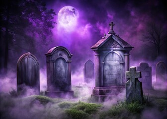 Wall Mural - * Haunted tombstone templates with dark grey and purple colors and eerie mist effect for eerie abandoned houses