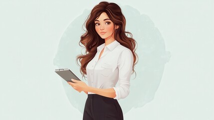 Professional woman holding a tablet in a business setting. Illustration of confidence and elegance in the workplace.