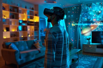 A man wearing a VR headset looks into a virtual world filled with colorful, swirling galaxies in his living room.