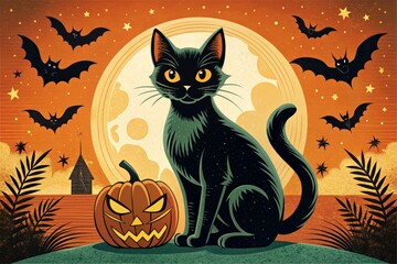 * Retro Halloween black cat printable illustrations vintage spooky