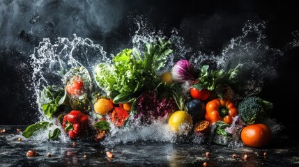 Wall Mural - Water Splashing on Fresh Vegetables and Fruits