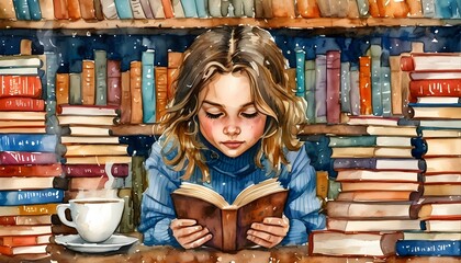 Wall Mural - Whimsical watercolor scene of a girl lost in a book, surrounded by stacks of books and coffee, igniting the imagination and creativity