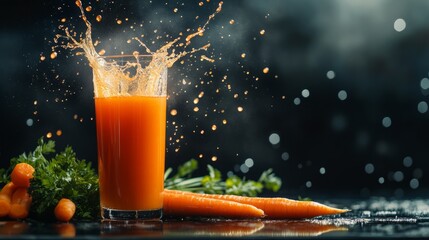 Food photography background - Healthy carrot juice in glass with splashes and carrots vegetables on dark table