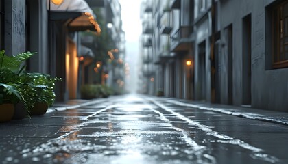 Wall Mural - Glistening Gray Streetfloor Reflecting Rain in a Surreal AI-Generated Scene