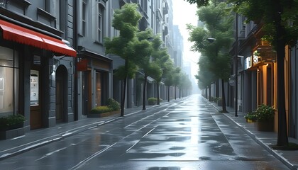 Wall Mural - Glistening Gray Streetfloor Reflecting Rain in a Surreal AI-Generated Scene