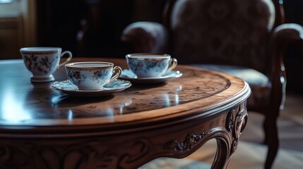 A delicate, antique tea table made from rosewood, adorned with porcelain teacups in soft lighting